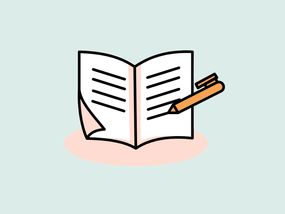 Animated notebook open with pen