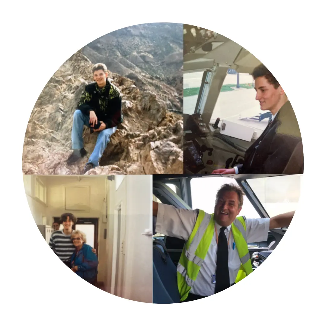 A collage of four photos featuring the Daniel Hatfield at different stages and settings. Top left: the Daniel sitting on rocky terrain outdoors. Top right: Daniel seated in an airplane cockpit. Bottom left: Daniel standing with an older woman in a hallway. Bottom right: Daniel smiling, wearing a reflective safety vest inside a vehicle cockpit