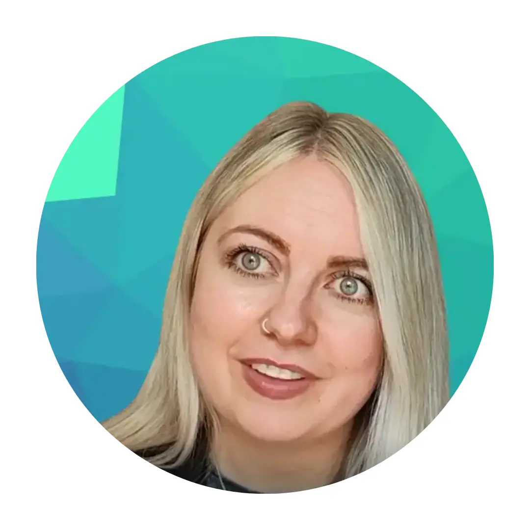 Pictured Sophie, smiling slightly and looking to the right, with a geometric blue-green background.