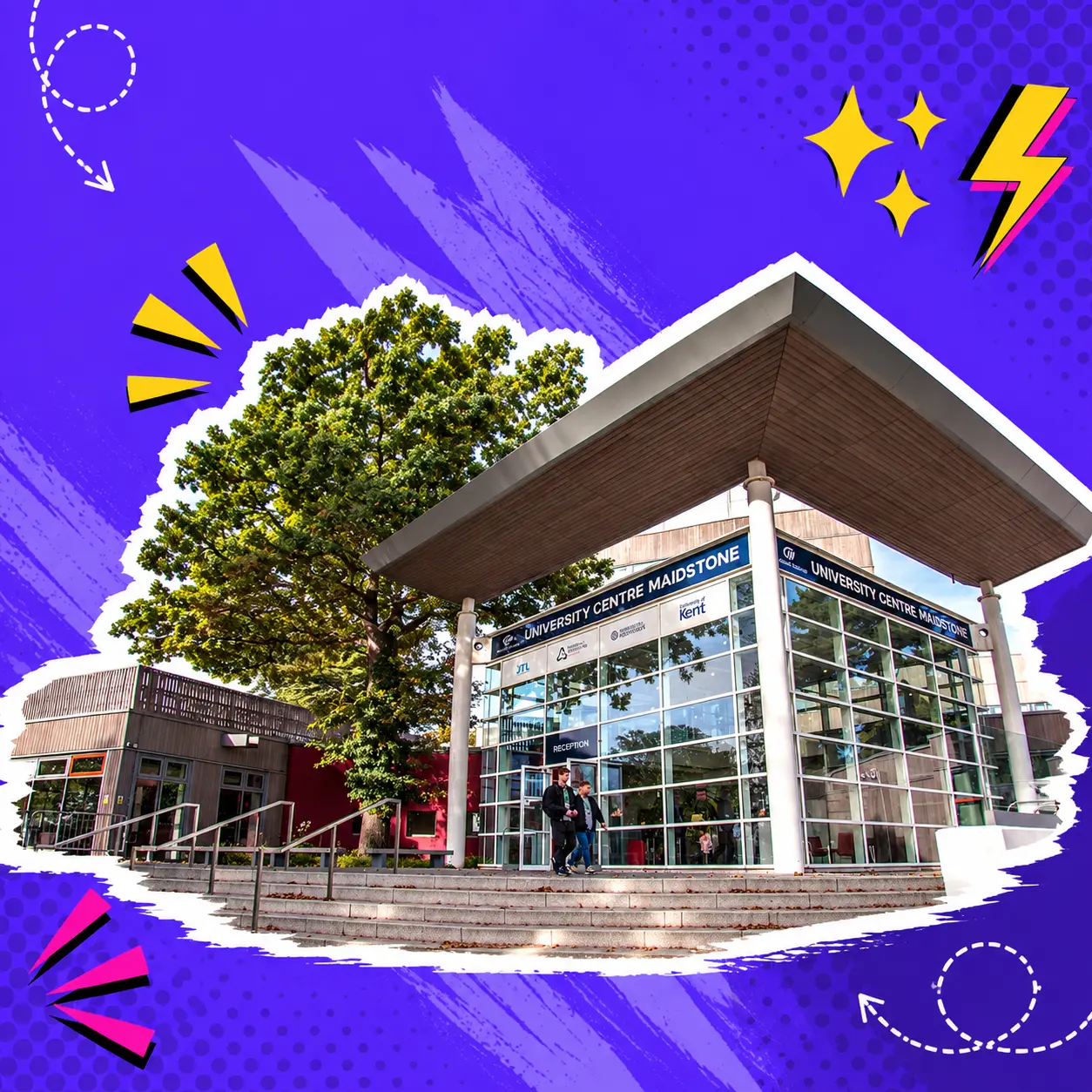 UCM building with blue graphic with lightening bolts behind it.