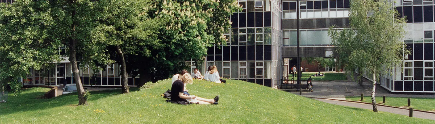 Students sitting on grass bank outside College