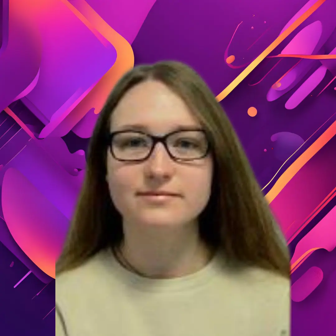 Pictured Katie Ellis with purple geometric background.