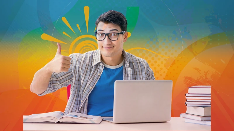 Stylised graphic with student using laptop