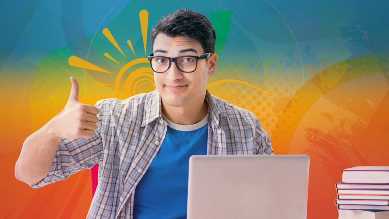 Stylised graphic with student using laptop