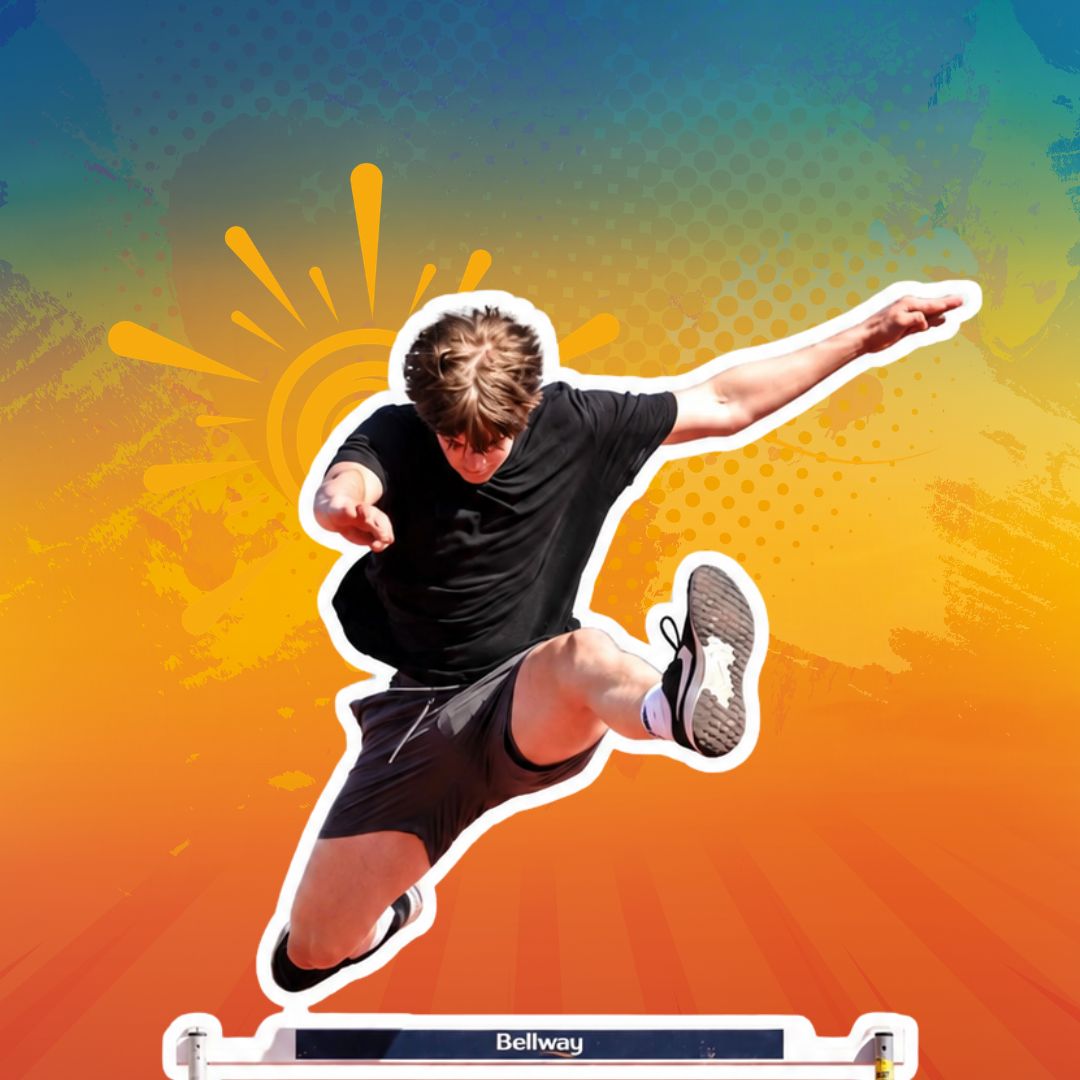 Student jumping over a hurdle with a blue, yellow, orange gradient background