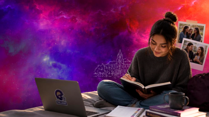 A student writing in their notebook sitting on a bed with a laptop