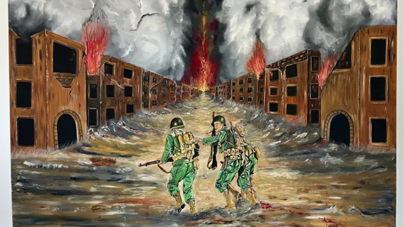 Oil painting showcasing the effects of war by a College student