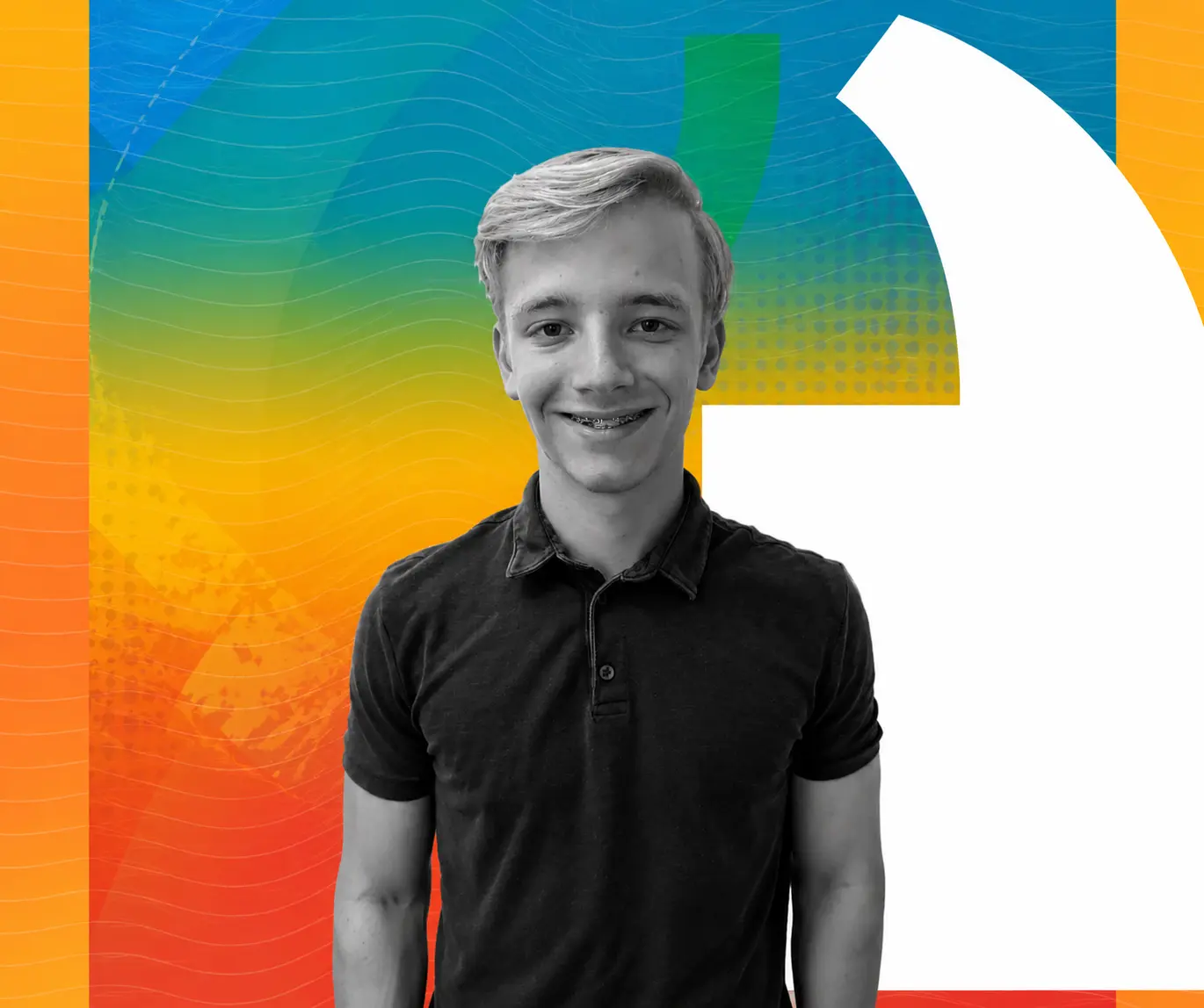 Student stood in front of quotation mark with blue orange and yellow gradient background