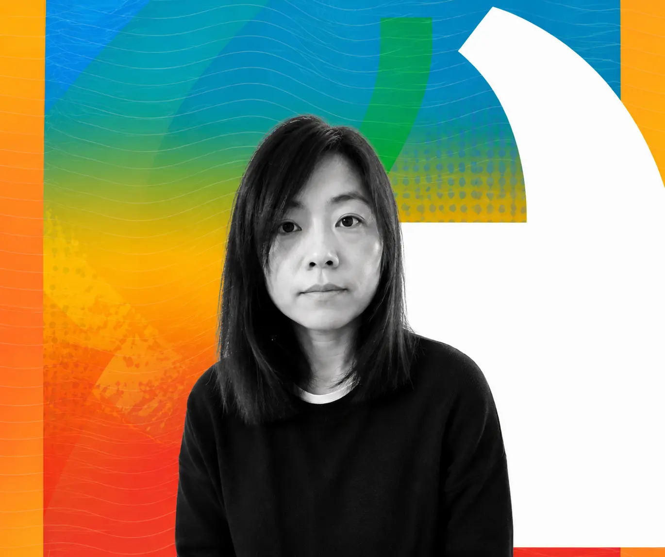 Student stood in front of speech mark with blue, orange and red gradient background.