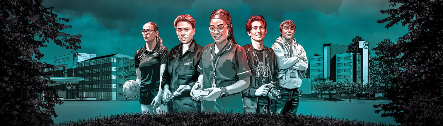 A selection of students from different subject areas smiling at the camera