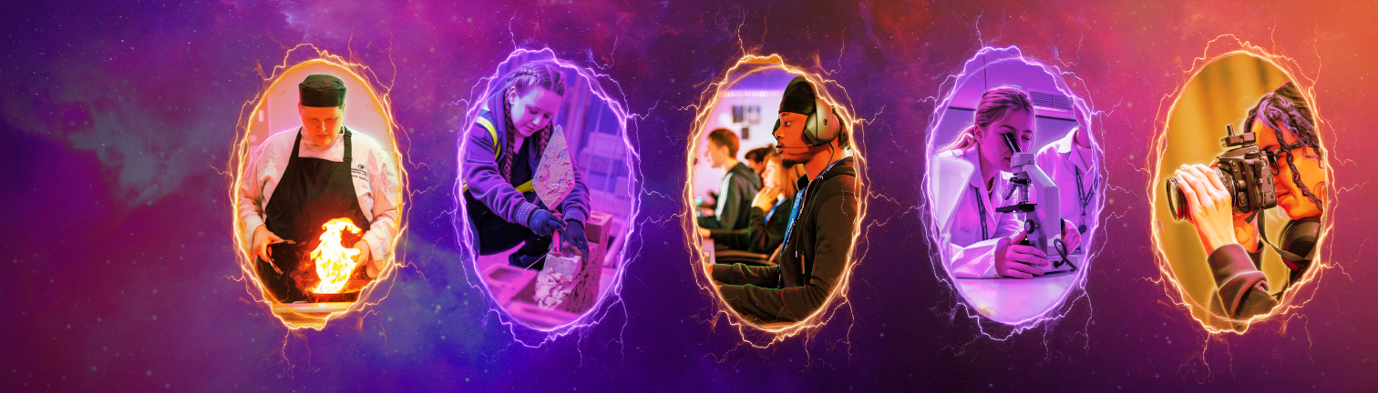 A graphic with students on a background 