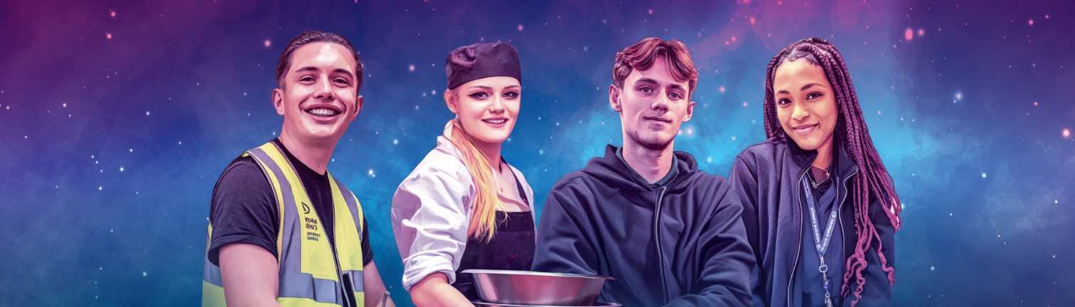 Graphic of students in different uniforms looking at the camera with galaxy theming in the background