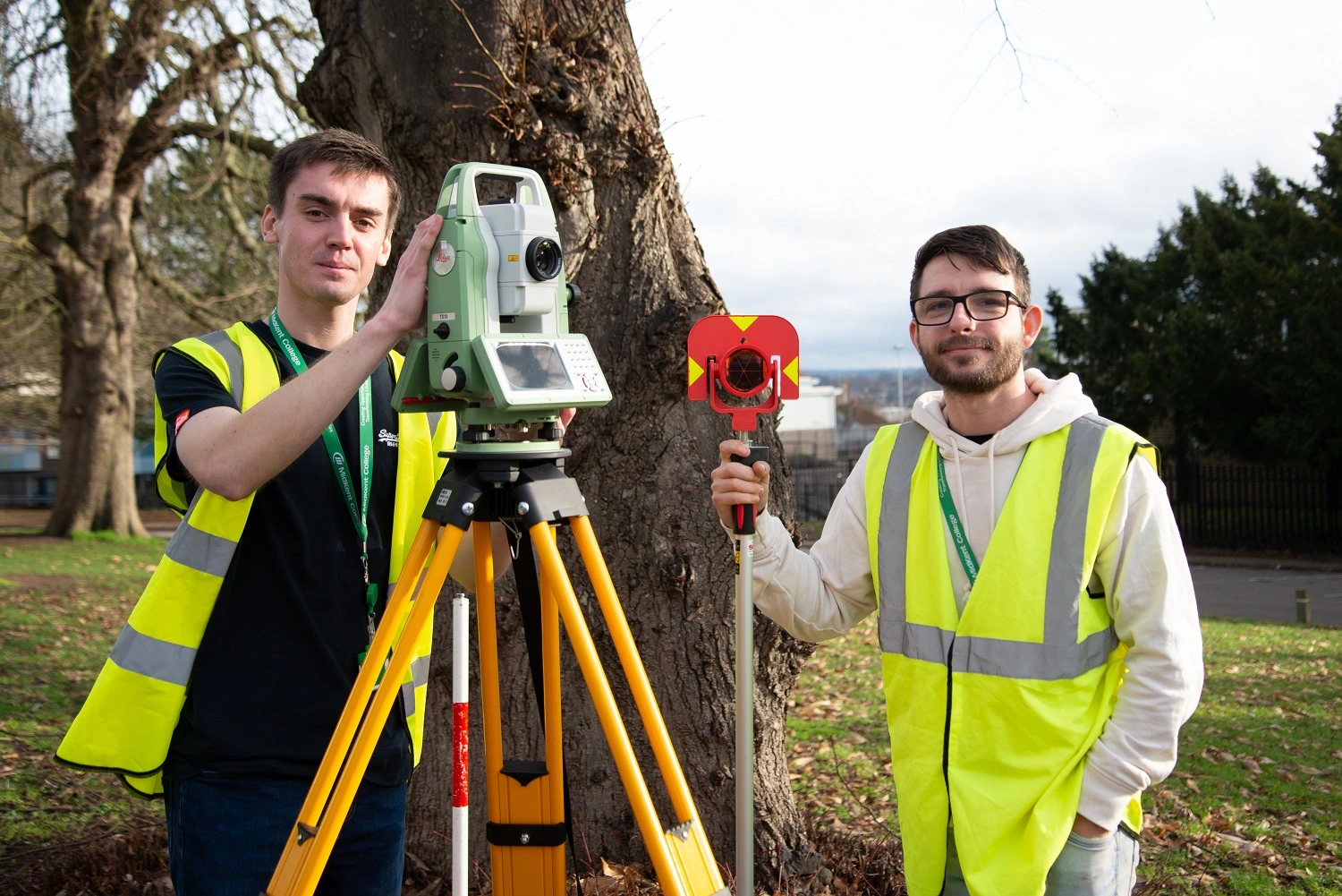 Student using surveying equipment